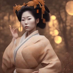 full portrait of wonderful japanese woman geisha,big boobs,hair in face, realistic, high detail, volumetric lighting, tiny features, intricate detail,volumetric clouds