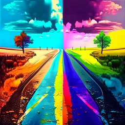 two roads diverged , art, acrilyc colors, bright, masterpiece, realistic