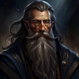 dnd, fantasy, wizard, portrait, face, close up, long beard, black as night hair, angular features, long, slender, aging, professor, handsome