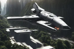 spaceship flying low over a jungle city