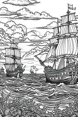 Outline art, no shading, ships on the sea, cartoon style, black and white, low detail, --ar 9:11