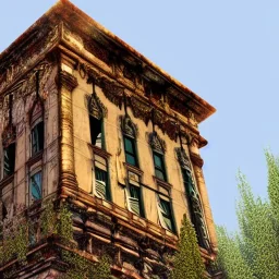 Depiction on the building and statues, highly detailed depiction, overgrown, building, old, 3d,