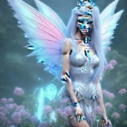 Fantasy cute fairy with wings, smiling, blue eyes, make up, long blond platinum hair, crown, beautiful dress, flowers in background, blender 3D