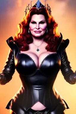 Jennifer Coolidge as evil queen in black leather, feminine, busty, cleavage, angry, stern look. character design by fenghua zhong, . unreal engine 5, artistic lighting, highly detailed, photorealistic, fantasy