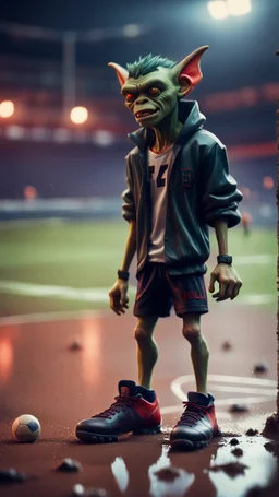 full figure portrait of a vampire werewolf goblin gremlin with soccer boots on wet soil in front of basketball court, in the style of Gorillaz,bokeh like f/0.8, tilt-shift lens 8k, high detail, smooth render, down-light, unreal engine, prize winning