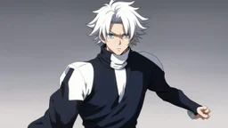 Satoru Gojo is a young guy white hair blue eyes black turtleneck without arms white loose pants in a defensive pose