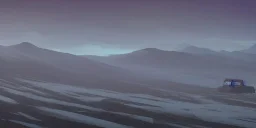  a bleak vast empty cold land by a cold seaside, a small cattle farm in the distance, mountains in the distance, misty, snowy, desolate, aurora borealis