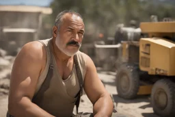 photography of a marocan ugly burly serious wet sweaty, beefy strong fat carpenter, shirtless, in overall, bulge, manly chest, big salt-and-pepper mustache 52 years old, short hair, sitting with open legs on a little chair , on a construction site in the middle of a road, under the August sun, angry eyes, , hyper-realistic, photorealistic , frontal view from the ground