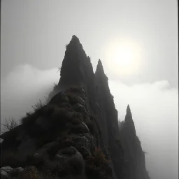 Close-up Ilford photograph of a creepy surreal landscape, rocky spur, eerie, no style, steep, autumn vegetation, very surreal, spooky, metaphysical objects, giant sun, intricate, thoughtful, appalling, deep 3d field, 8k, hypermaximalist, lot of fog