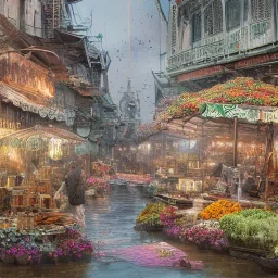 Insanely detailed photograph of an “artitcture plans of a city market along waterway” with intricate gears, intricate embroidered band, hyperdetailed painting by Ismail Inceoglu Huang Guangjian and Dan Witz CGSociety ZBrush Central fantasy art album cover art,8K, hdr, romantic, mysterious, ominous, flowers, jewelry, steam,oil,cafe,street vendors