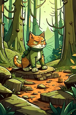 Con plano macro, el gato con botas en una posicion desafiante en un bosque al estilo de personaje de caricatura