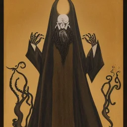 Russian Orthodox nosferatu with multiple eyes and tentacle beard and long arms and fingers