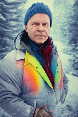 Portrait of Matti Nykänen in winter landscape. colorful.