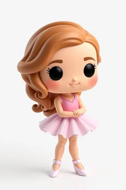 Funko figure of a very young female, smiling, long very wavy light brown hair, wearing a ballerina dress, pink dress, ballet, very cute, ballet pose,. typography, 3D render. White background