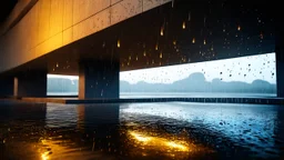 35mm film photography, 3d rendering of futuristic abstract concrete architecture space in a rainy environment, water droplets creating reflections on surfaces, dramatic lighting enhancing the structure's contours, ultra realistic concrete textures, sharp focus on architectural elements, high-quality imagery, a visionary piece, high detail, navy blue, white and bold yellow color scheme, Golden-hour lighting