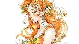 Isolated on white background, all elements must fit within the image without exceeding the image borders, Detailed, whimsical young fairy wearing a beautiful light orange dress, show top of head with flowers in her hair, lots of hair on top