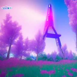 Blue futuristic cristal tower in a flowery countryside, glitter pink in a galactic ambiance, delicate colors in the foreground, full of details, smooth, light effect，vaporwave colorful, smooth, extremely sharp detail, finely tuned detail, ultra high definition, 8 k, unreal engine 5, ultra sharp focus