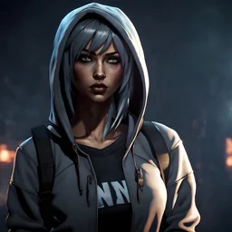 Attractive young female Latina drow wearing a sweatshirt, post-apocalyptic background, dark eyeshadow, bangs hairstyle, anime style, video game character, unreal engine, trending artstation, trending deviantart