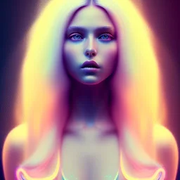 A beautiful portrait of a woman long hair white neon color scheme, high key lighting, volumetric light high details psychedelic background