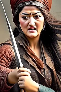 style comdey character : A woman, believing herself a fearsome warrior, dramatically confronts the She holds her sword upside down A Mongol casually pushes her over and steals her dictionary, Woman stands defiantly, sword held backwards, Ertugrul music blasting in the background. Mongols look confused Close-up of the woman naked confident face shouting her challenge. Mongol soldier pushes her with a bored It was a beautiful woman for the soldiers. All the soldiers Crowded marry naked her.