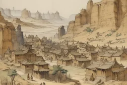 A brown Chinese village near badlands painted by Hashimoto Gaho