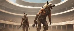 anthro hyena gladiator inside an arena, post-apocalyptic, concept art