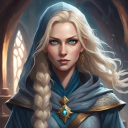 dungeons & dragons; digital art; portrait; female; warlock; ash blonde hair; gray blue eyes; flowing robes; smirk; powers; veil; side braid; dark clothes; traveling clothes; clothes for sea travel; the fathomless; ocean; deep sea; hood; soft light; soft; young