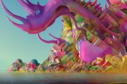 of a colorful lakeside with strange cute friendly creatures with huge eyes, mouth, long tongue and round teeth appearing from the waters, in the style of gehry and gaudi, macro lens, highly detailed, shallow depth of fielf, digital painting, trending artstation, concept art, illustration, cinematic lighting, vibrant colors, photorealism, epic, octane render