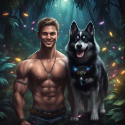 Hyper Realistic handsome muscular young king smiling & standing with his black husky in a dark mystical jungle at night with fireflies & colorful crystals