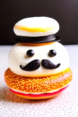 A burger roll with a mustache and a chef's hat.