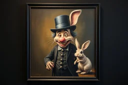 Charlie Chaplin town major troll mouse rabbit in style of Rembrandt and Fallout 4, with motion blur, all on a painting on wall with black wooden frame and with black wall background