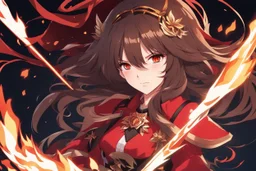 woman with long brown hair and red eyes from Genshin Impact, intricate background, intricate face, fire archon, anime style, dynamic composition