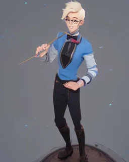 tall young man witbh square glasses, blonde hair and grey eyes. He wears blue shirt, dark tails, bow tie and chimney pot hat. He is dancing.