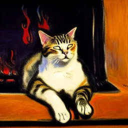 oil portrait of a Cat sleeping by the fireplace by Monet 8k