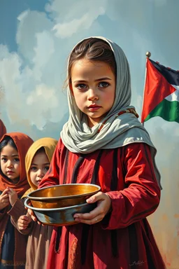 an expressive painting of a 3 years old girl poor with Ruth clothes standing in line with out her children’s asking for food with a pan in her hand painting, with Palestinian flag in the background, we might see a companion with features of absolute strength and determination, blended with warmth and deep faith. Perhaps his face expresses wisdom and courage, with eyes radiating confidence and faith.
