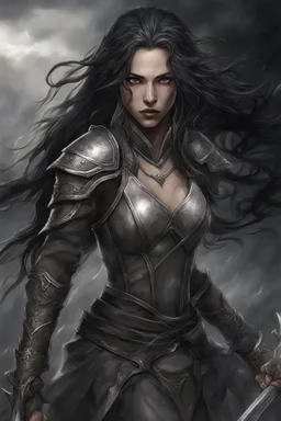 SA female elf with skin the color of storm clouds, deep grey, stands ready for battle. Her long black hair flows behind her like a shadow, while her eyes gleam with a fierce silver light. Despite the grim set of her mouth, there's a undeniable beauty in her fierce countenance. She's been in a fight, evidenced by the ragged state of her leather armor and the red cape that's seen better days, edges frayed and torn. In her hands, she grips two daggers, add dark shadow mystic purple flames