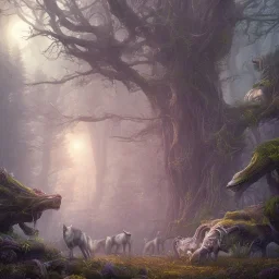 Alien forest with wolves