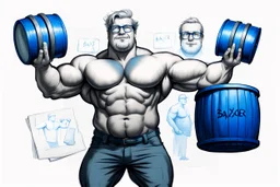 a very swedish strongman, big muscles and short light hair, pair of glasses, holding one big blue barrel above his head, a drawing with sketch lead pencil, The word BAXER floating