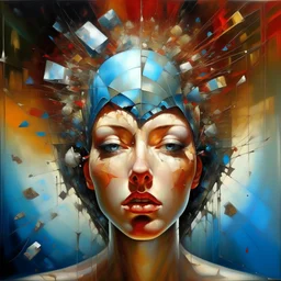 A modern day surrealist oil painting: take me to church, I’m angry, stop the wars, let’s lead for Mars instead , My Exploding Head is the title of this piece, , --ar 15:9 : depicting a surreal clear pixel glass exploding beautiful woman’s head and face made up of cracked fragments floating/pulled apart, 3d, all the broken and cracked fragments drifting far away, layers and layers, expanding/moving away from each other suspended in the air, inside the head is, a world of art things, surrealist