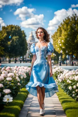 fullbody girl makeup wearing a victorian short dress walking in moder city of 2040 park ,flowers ,pretty clouds in blue sky,city escape.