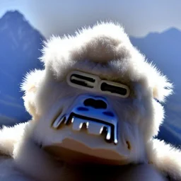 Yeti, wildfires in the background, mountains