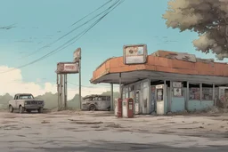 gas station, dilapidated, post-apocalypse, front view, street, comic book, cartoon