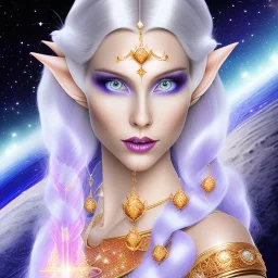 cosmic mage, elf, female, cosmic magic, long ears, white hair, face details, pale skin, jewellery, broad shoulders, sharp ears, cosmic clothes, cosmic eyes, ears shown, the cosmos in eyes, shining eyes, thin face, detailed ears, magical eyes, closed mouth, make up, smiling face, happy face, pointy ears