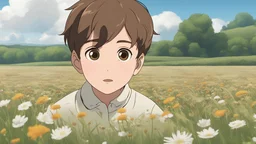 Timmy a young boy with brown short hair, exploring an empty field with excitement, discussing his vision, detailed, masterpiece, perfect eyes, HD, high resolution, 4k, ghibli style