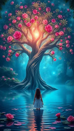 fabulous big magical beautiful tree with sparkling glowing leaves with in a tropical forest in beautiful colourful roses, around blue beautiful lake fantasy,a beautiful girl in front is standing in the water , photo