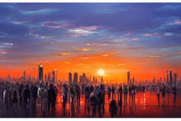 Futuristic city, people, sunset, sci-fi, epic, philip wilson steer influence, hd, realistic painting