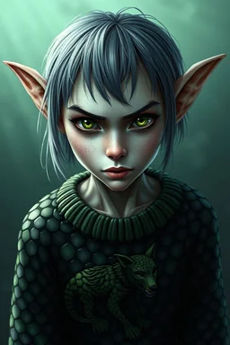 an intense alluring gremlin mermaid with wet short grey hair tucked behind ears, she has green eyes and light freckles. her entire body is covered in gradiated dark to light green mottled hexagon scales that transistion into skin at neck, , wearing a sweater with a "wolf sprite"