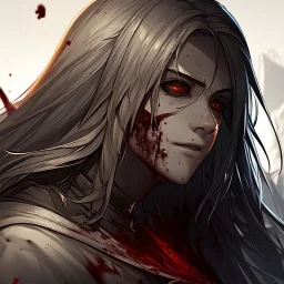 Goodness, Blood splatter, battle wounds, female, portrait, max detail, hd, Long hair, dark souls style, detailed eyes, eye color blue