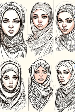 Sketches of drawing a beautiful girl wearing a hijab with Egyptian features