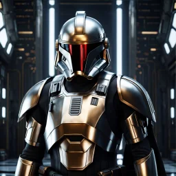 star wars bald male corellian pilot wearing pearlescent black and gunmetal grey First Order special forces heavy assault armor and helmet with gold trim inside the jedi temple, centered portrait, hyperdetailed, dynamic lighting, hyperdetailed background, 8k resolution, volumetric lighting, light skin, fully symmetric details